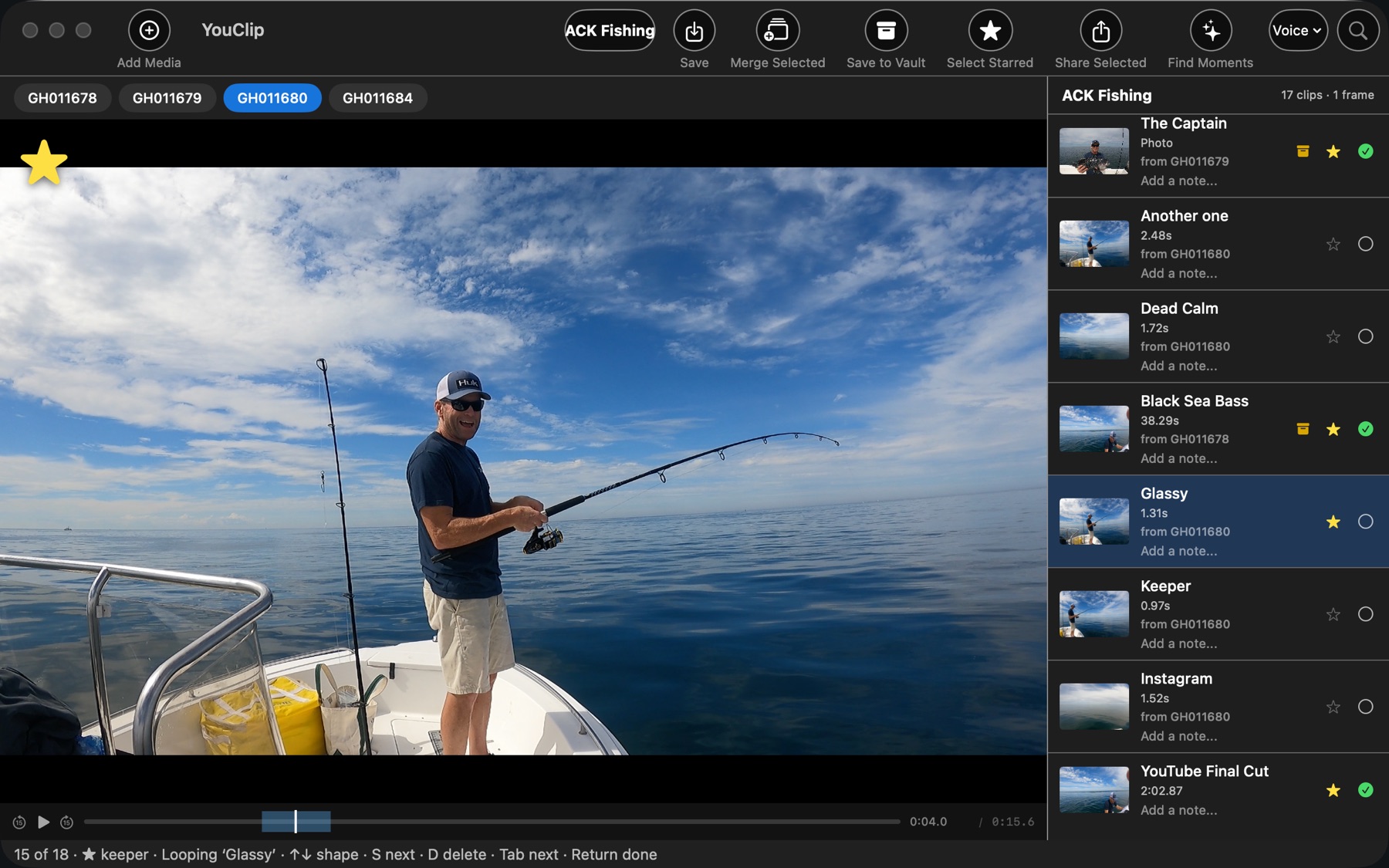 YouClip reviewing a fishing trip, with short clips and a two-minute YouTube final cut