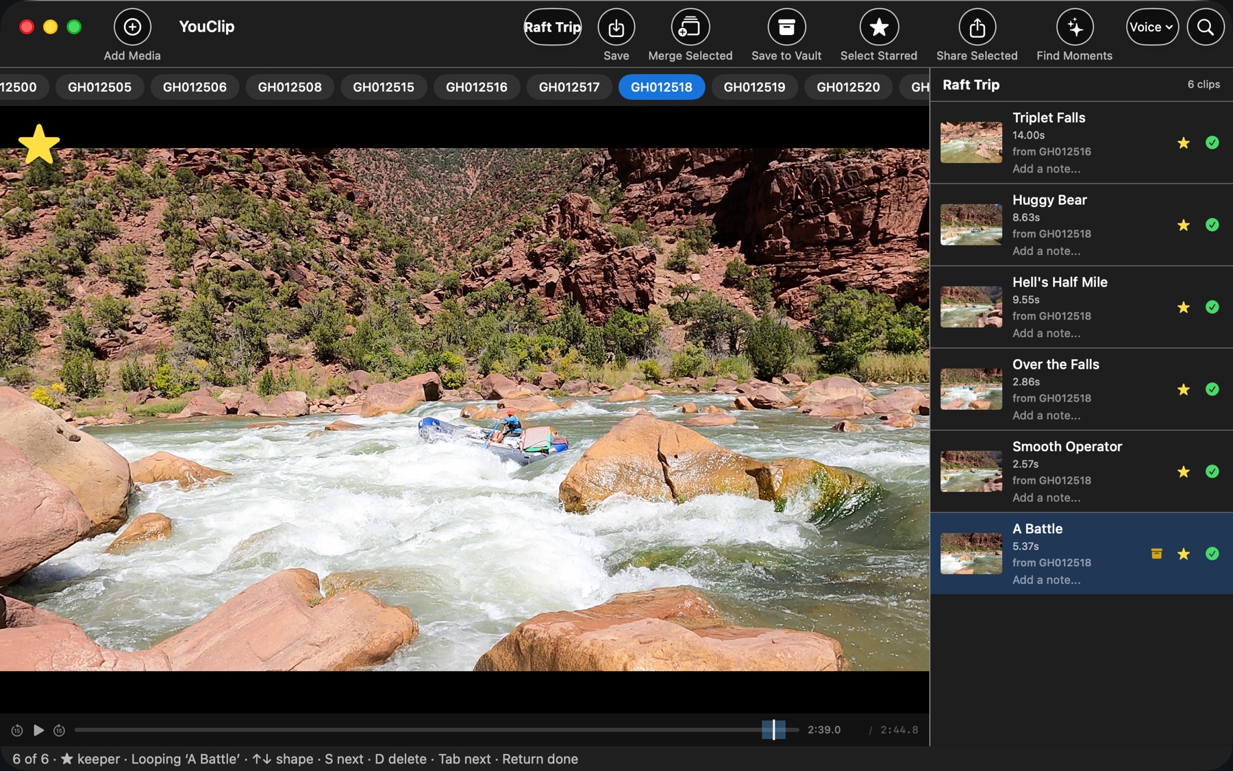 YouClip with a whitewater rafting trip — six starred clips from a dozen GoPro files