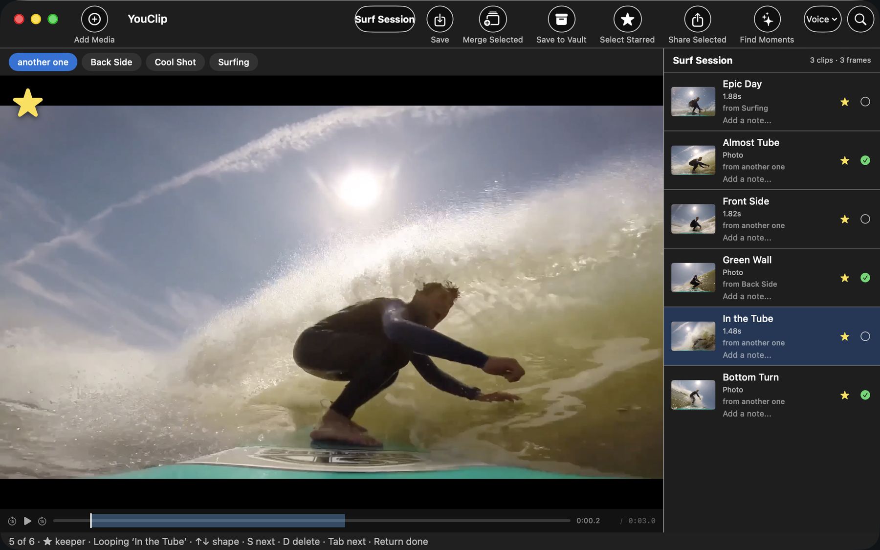 YouClip reviewing a surf session — starred clips and photos from inside the wave