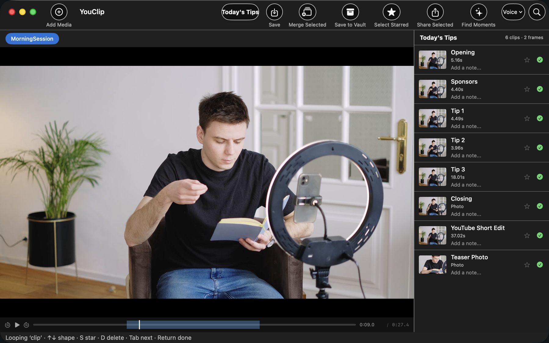 YouClip with a creator's talking-head session — clips for sponsors, tips, a YouTube Short, and a teaser photo