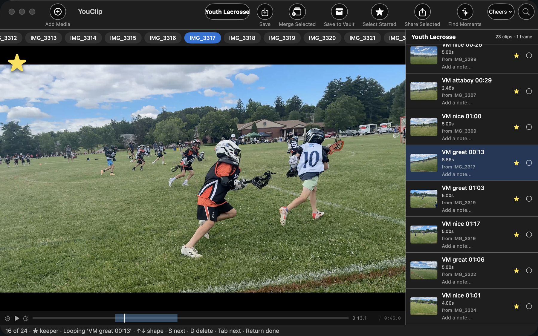YouClip with a youth lacrosse game — reactions like 'nice' and 'great' found as clips across many phone videos